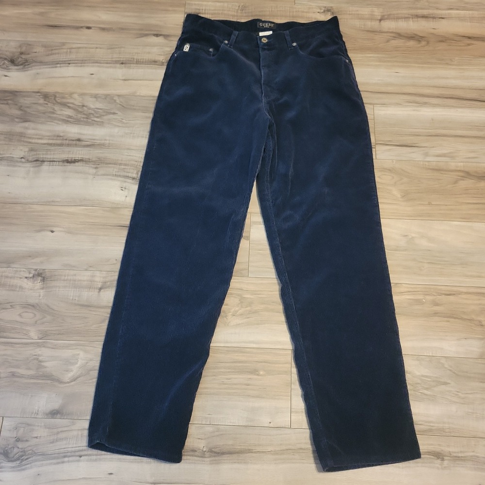 Vintage Guess 90's Corduroy Pants Mens 33x32 Blue Straight Leg Trousers